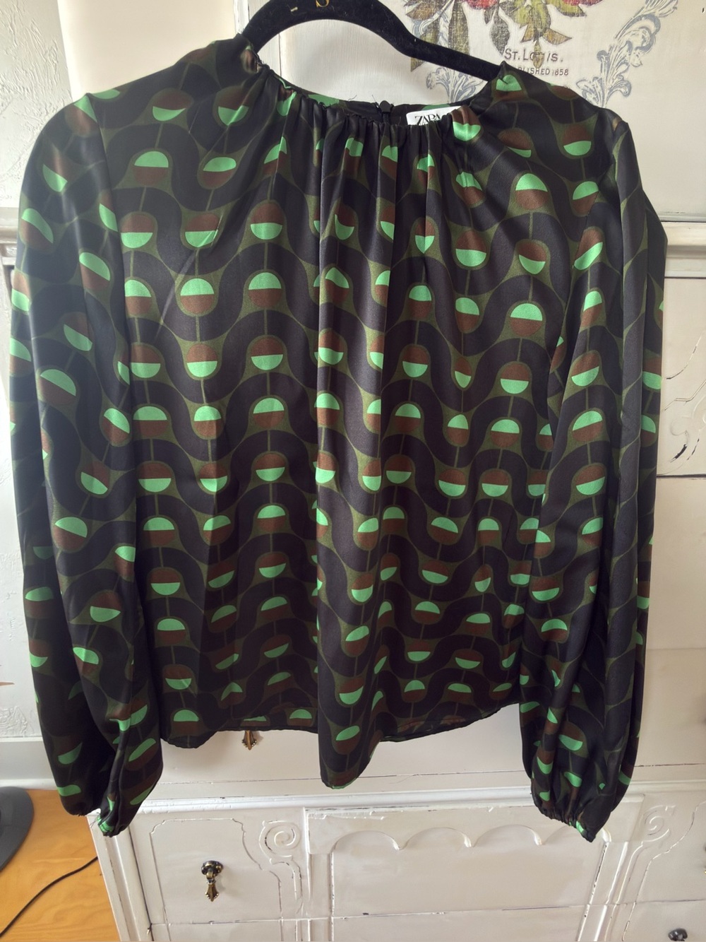 Zara Black Shirt with Green & Brown Geometric Print